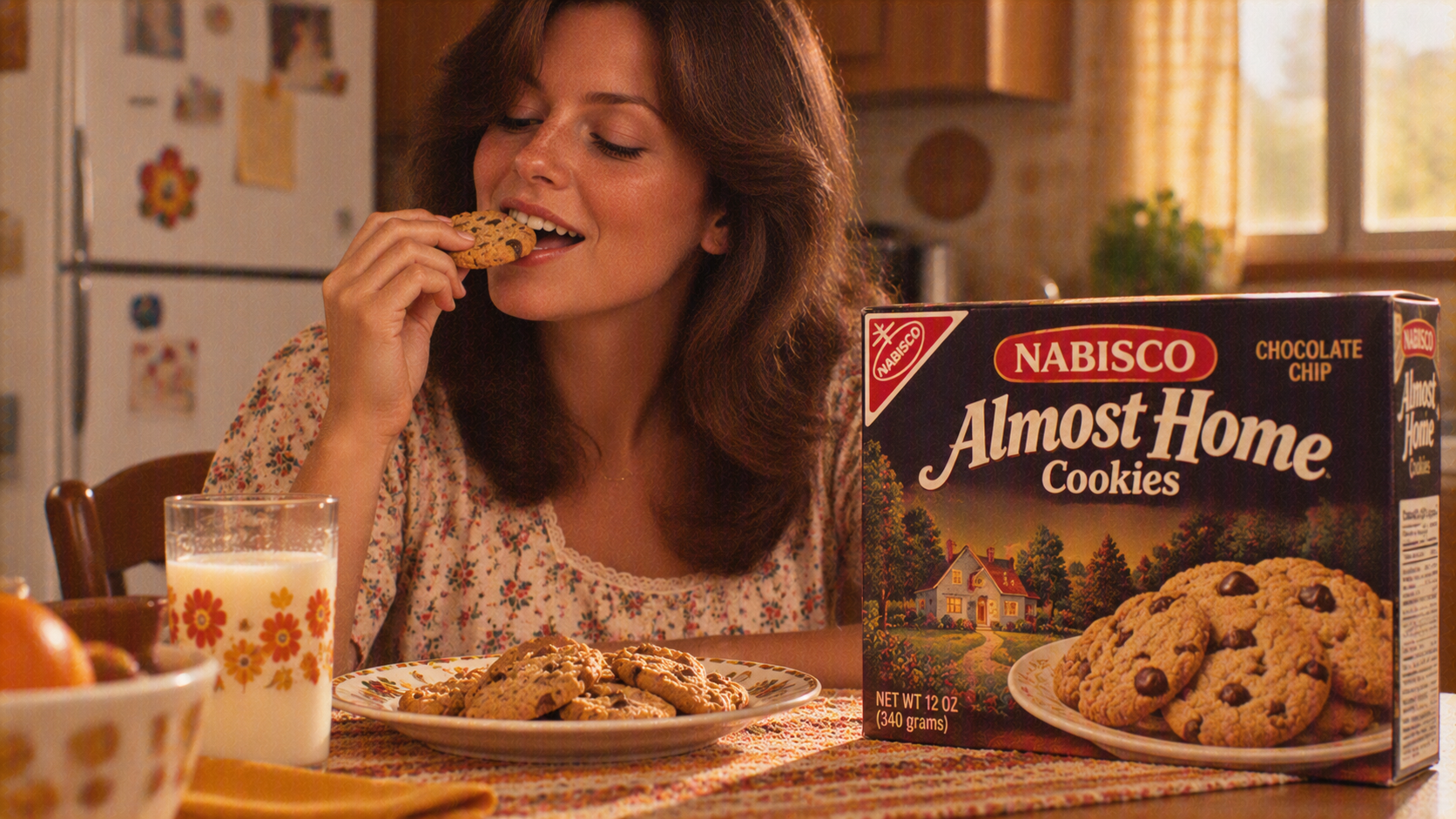 A woman eats a chocolate chip cookie in a kitchen next to a box of Nabisco Almost Home cookies and a glass of milk.