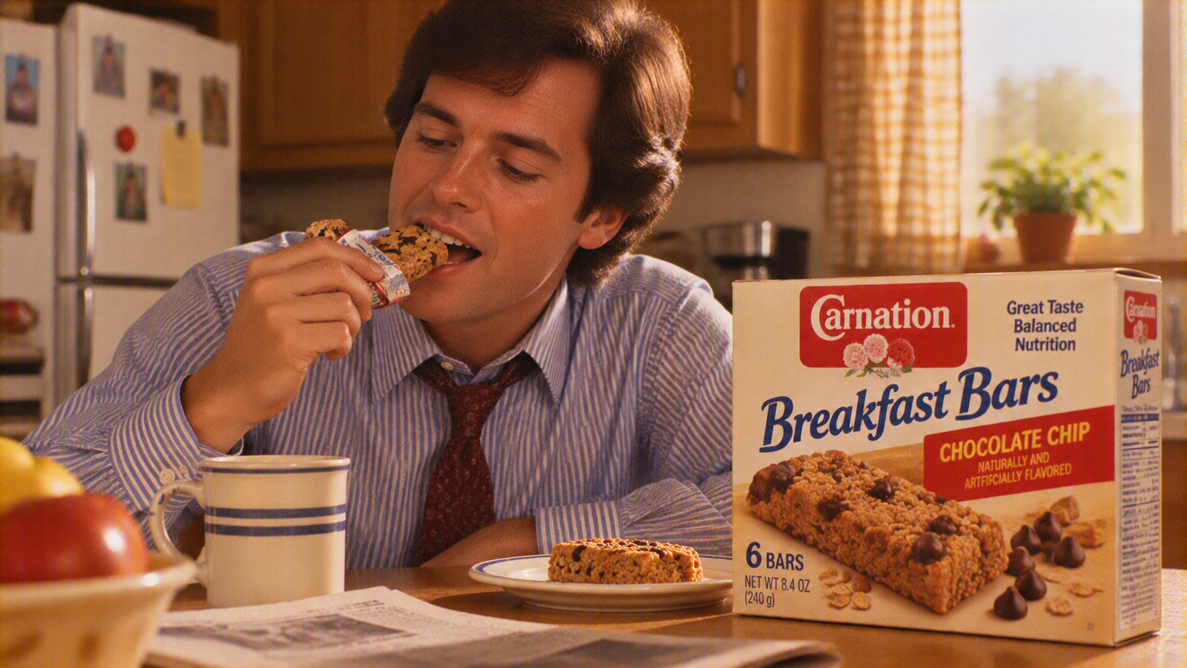 A man in a dress shirt and tie eats a Carnation Breakfast Bar at a kitchen table next to a box of the same product.