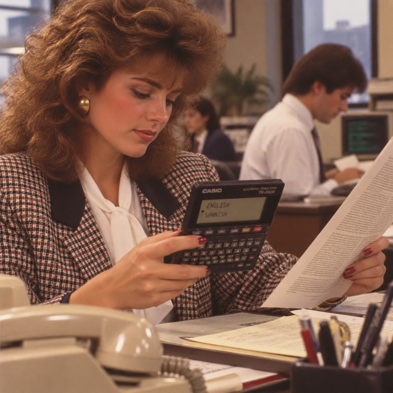 A woman in 1980s office attire uses a Casio electronic dictionary, holding a paper and sitting at a cluttered desk with office supplies. A man works at a computer in the background.