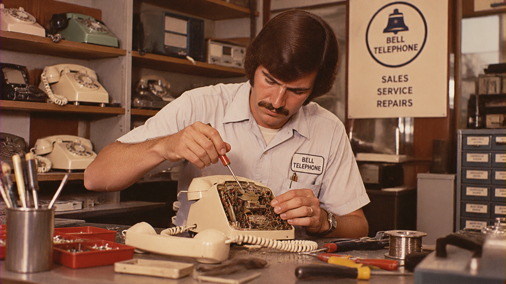 A technician in a Bell Telephone uniform repairs a rotary phone with a screwdriver at a workbench. Tools, wires, and rotary phones are visible, with a “Bell Telephone Sales Service Repairs” sign in the background.
