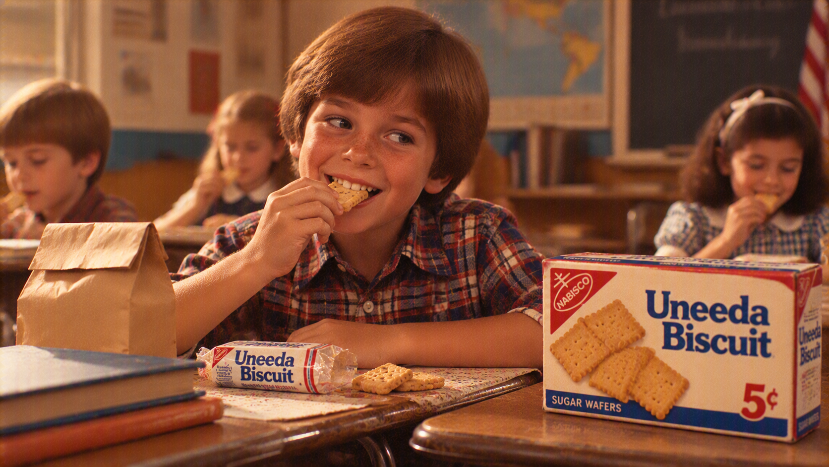 A boy in a plaid shirt sits at a school desk eating a Uneeda Biscuit, with a box of Uneeda Biscuit sugar wafers on the desk in front of him.
