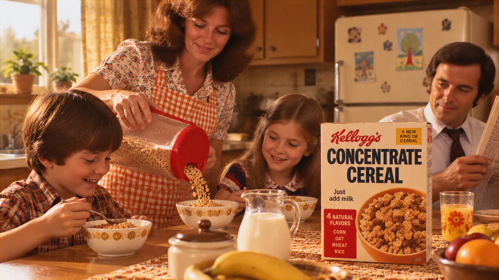 A woman pours Kellogg’s Concentrate cereal into a bowl for her children at a kitchen table while a man reads a newspaper nearby.