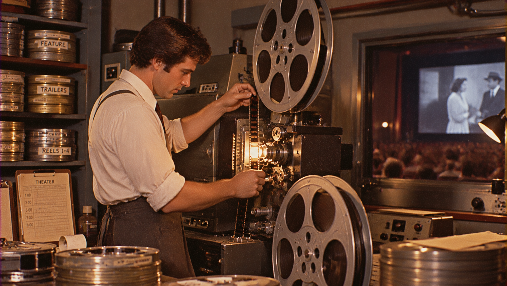A film projectionist operates a reel-to-reel projector in a booth, with movie reels stacked nearby and a black-and-white film playing for an audience visible through a window.