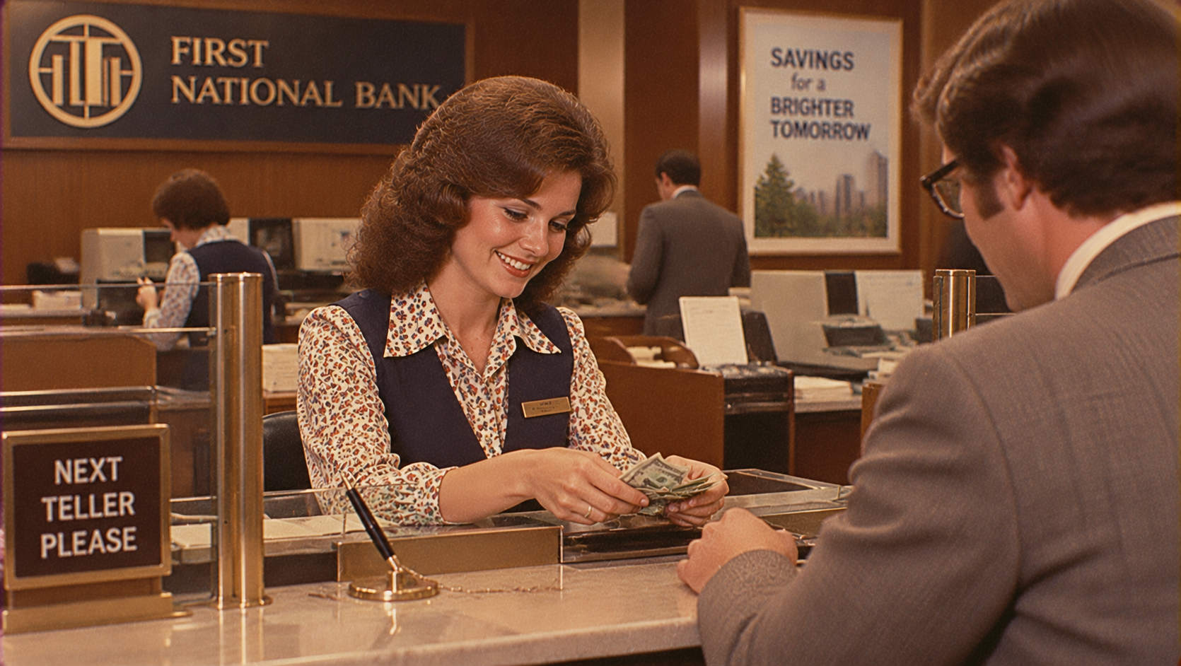 A bank teller smiles while counting cash for a customer at the counter. A sign reads “NEXT TELLER PLEASE,” and a savings poster is on the wall. More employees and customers are visible in the background.
