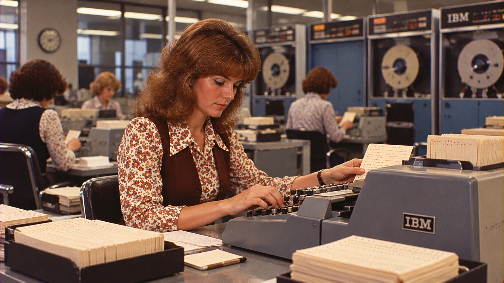 A woman types on an IBM machine, surrounded by punch cards in a busy 1970s office with large computers and data reels in the background.