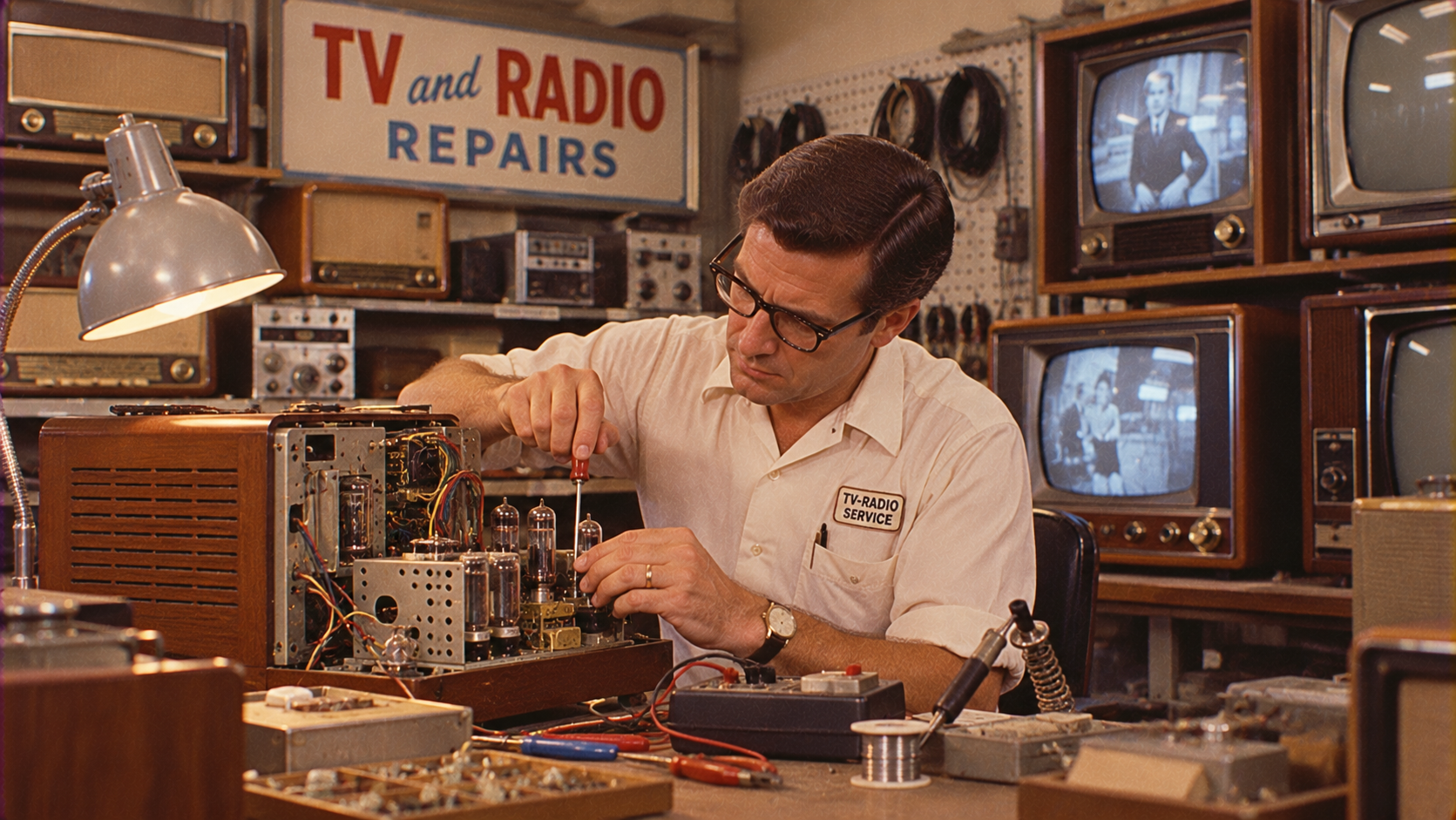 A repair technician works on a vintage radio in a shop filled with old TVs and electronics. A sign in the background reads “TV AND RADIO REPAIRS.” Multiple CRT televisions display black-and-white images.