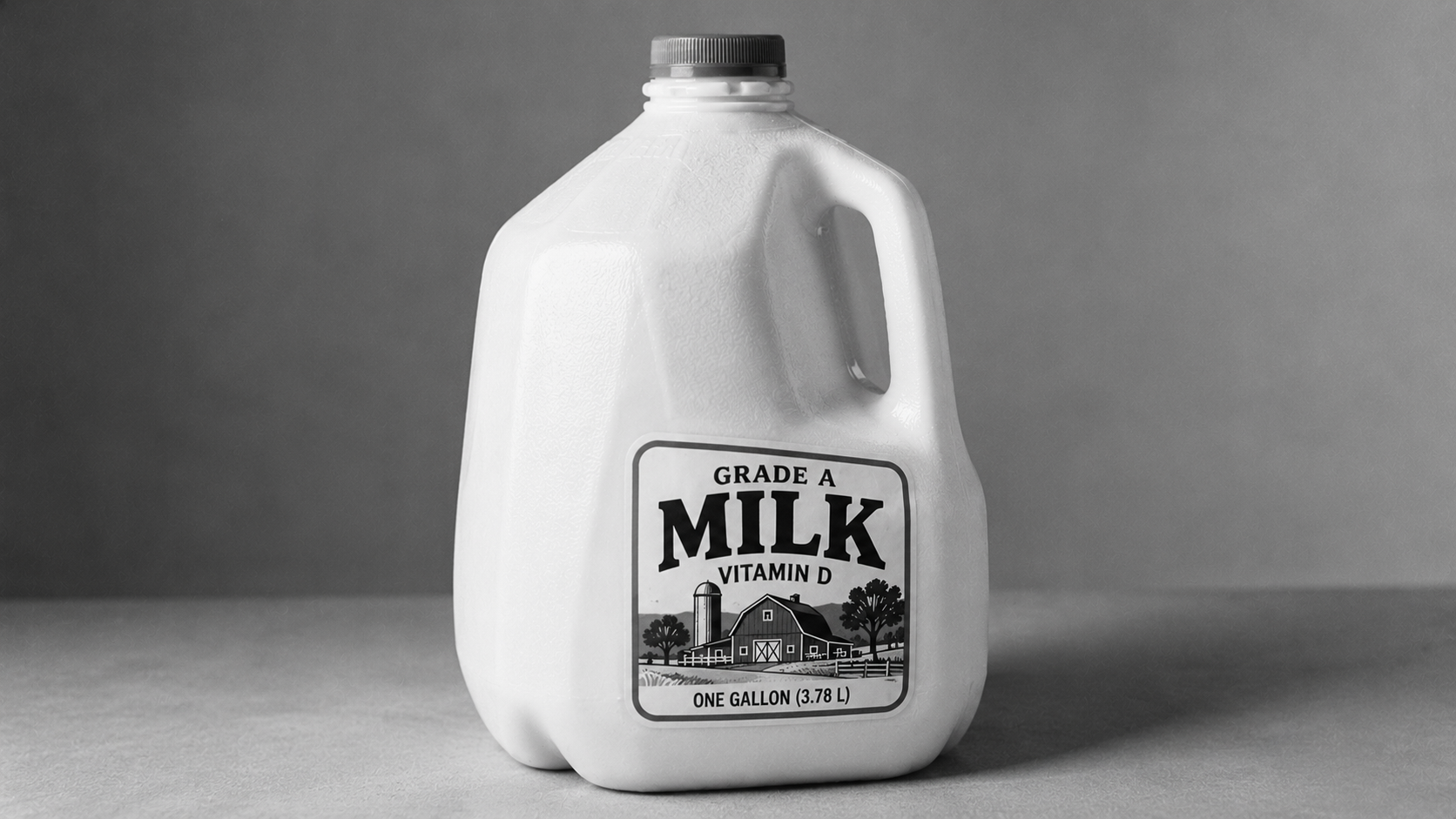 A one-gallon plastic jug of Grade A Vitamin D milk sits on a plain surface with a simple background. The label features a drawing of a barn and fields.