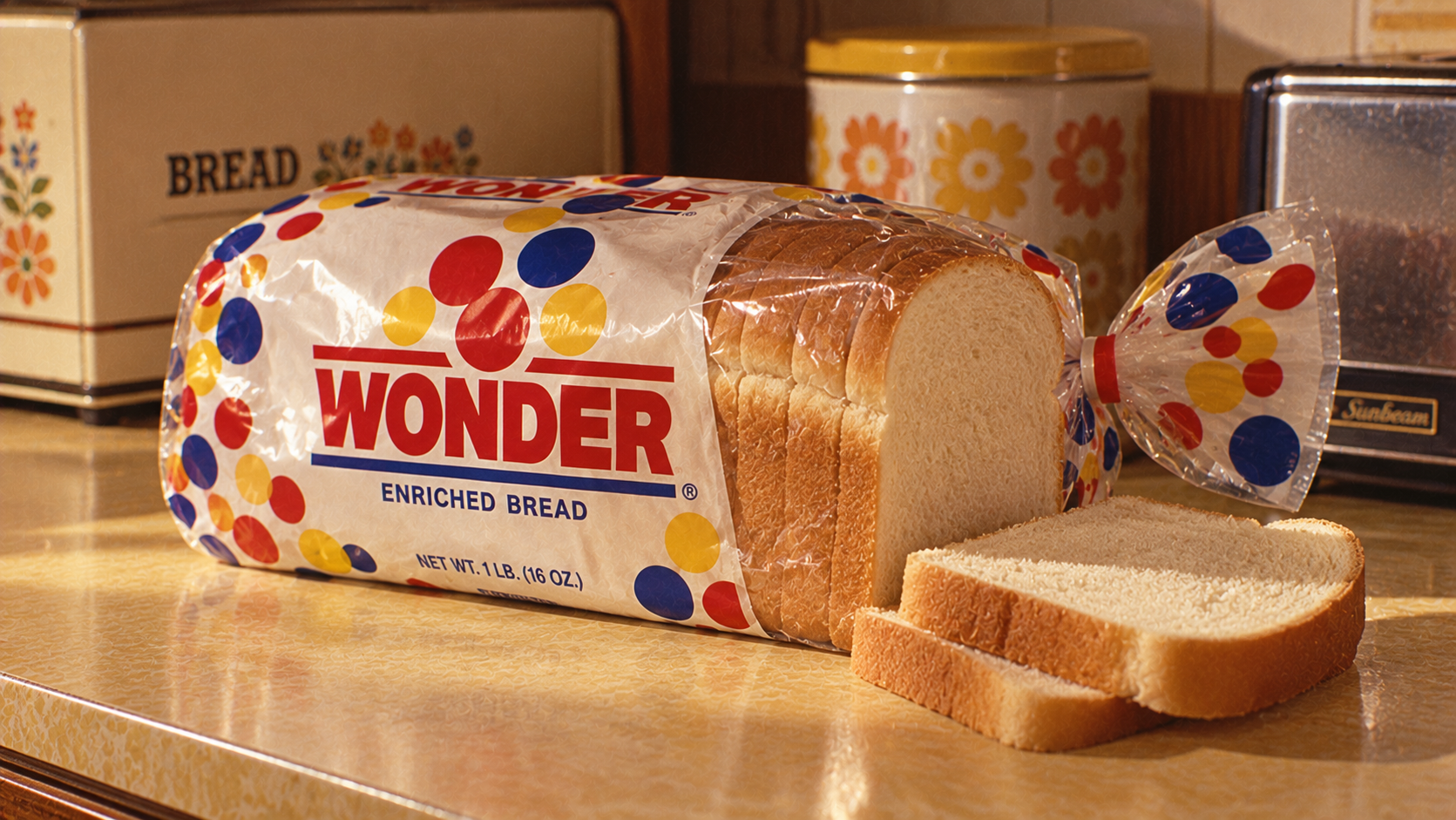 A loaf of Wonder Bread in colorful packaging sits on a kitchen counter, with two slices cut and placed in front. The background includes a vintage bread box and floral decorations.