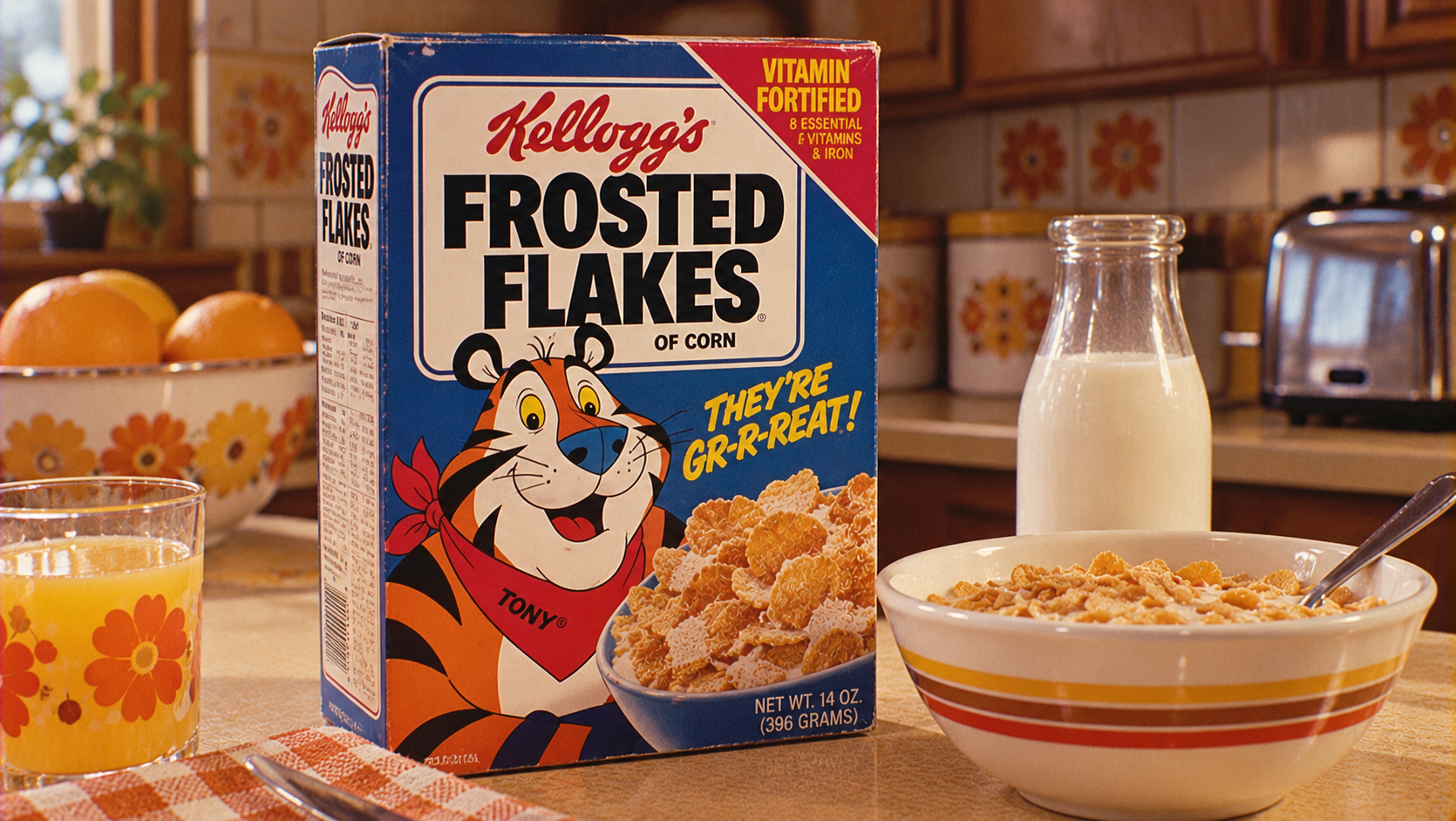 A box of Kellogg’s Frosted Flakes, a glass of orange juice, a bowl of cereal with milk, and a glass milk bottle sit on a kitchen table with a retro floral design in the background.