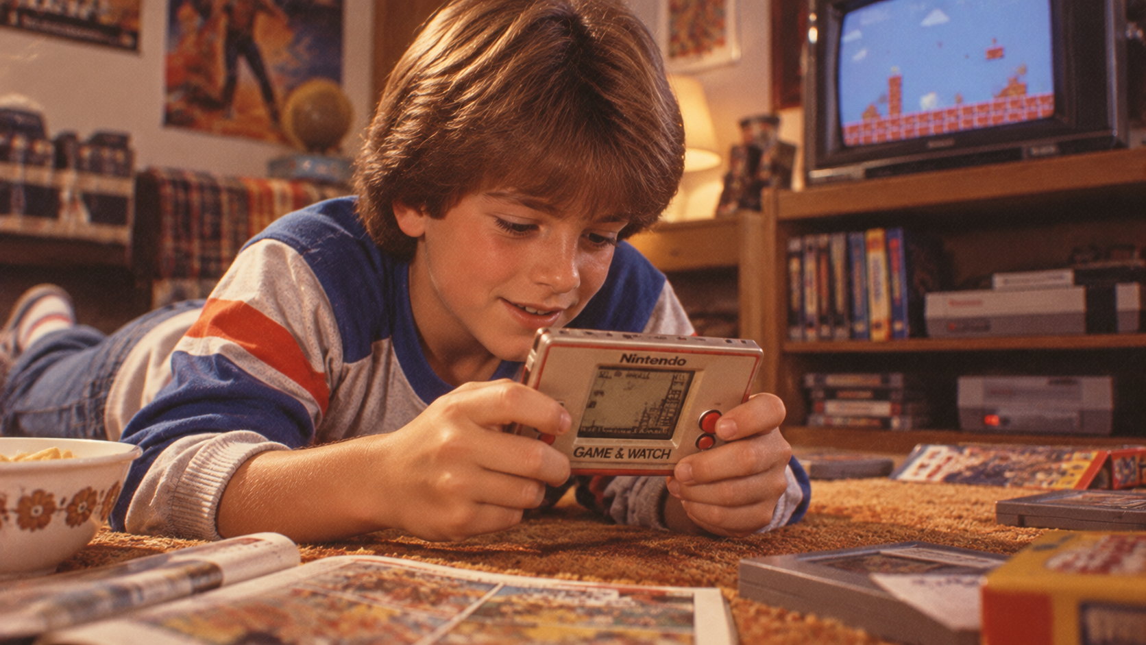 A boy lies on the floor playing a Nintendo Game & Watch handheld. Comics, snacks, and games are scattered around him. A TV in the background displays a classic video game.