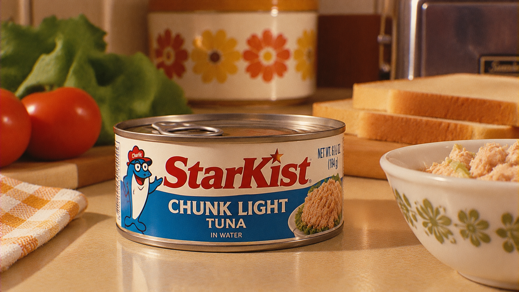 A can of StarKist Chunk Light Tuna sits on a kitchen counter surrounded by lettuce, tomatoes, a bowl of tuna, sandwich bread, and a floral-patterned jar in the background.