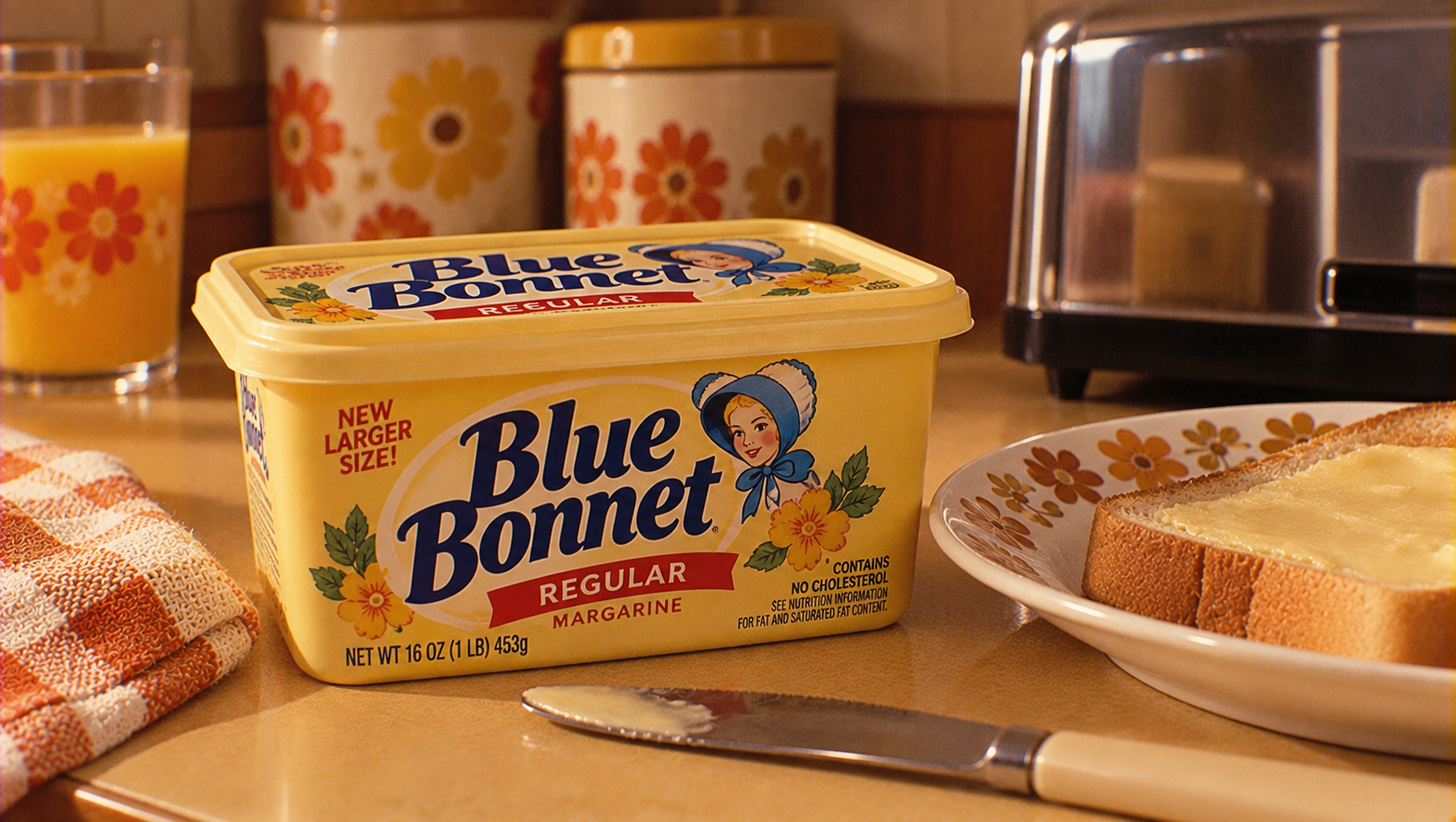 A tub of Blue Bonnet margarine sits on a kitchen counter next to a butter knife, a slice of toast with margarine, a glass of orange juice, and yellow canisters in the background.