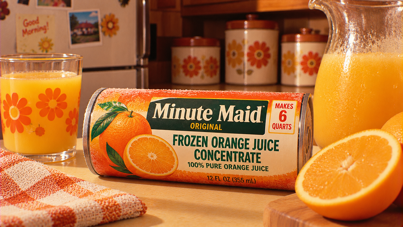 A can of Minute Maid frozen orange juice concentrate on a kitchen counter with a glass and pitcher of orange juice, an orange slice, and a patterned towel nearby. Retro floral decor is visible in the background.