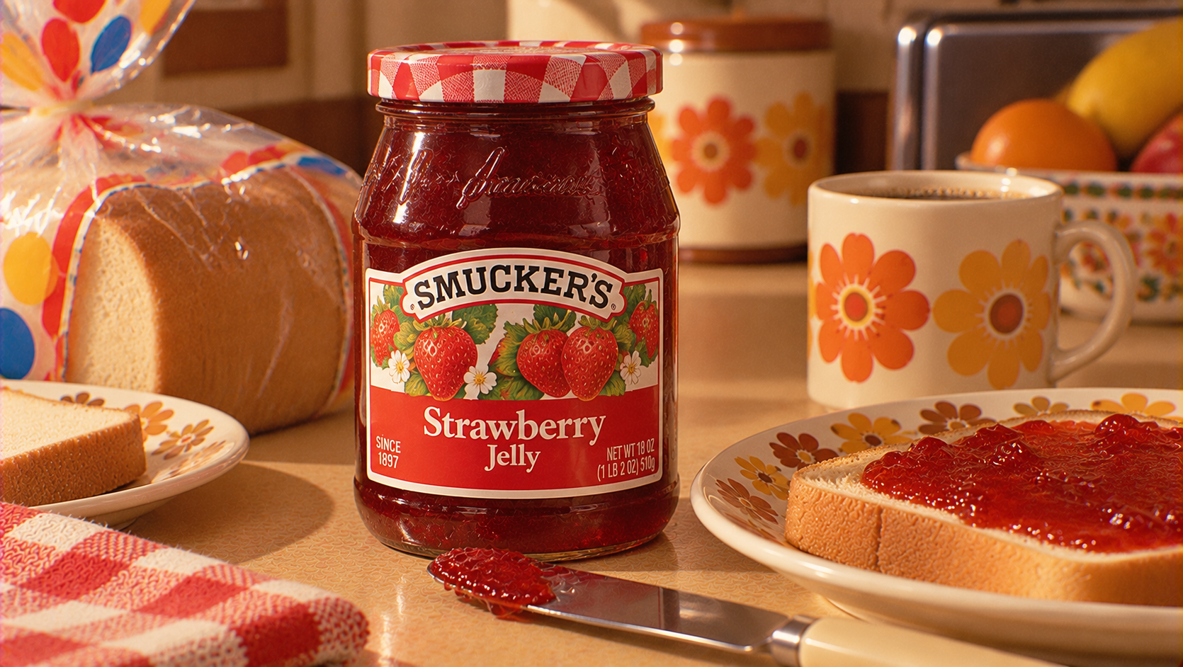 A jar of Smucker’s Strawberry Jelly sits on a kitchen counter with a plate of jelly toast, a loaf of bread, a mug, and an orange-patterned dish in a warm, retro kitchen setting.