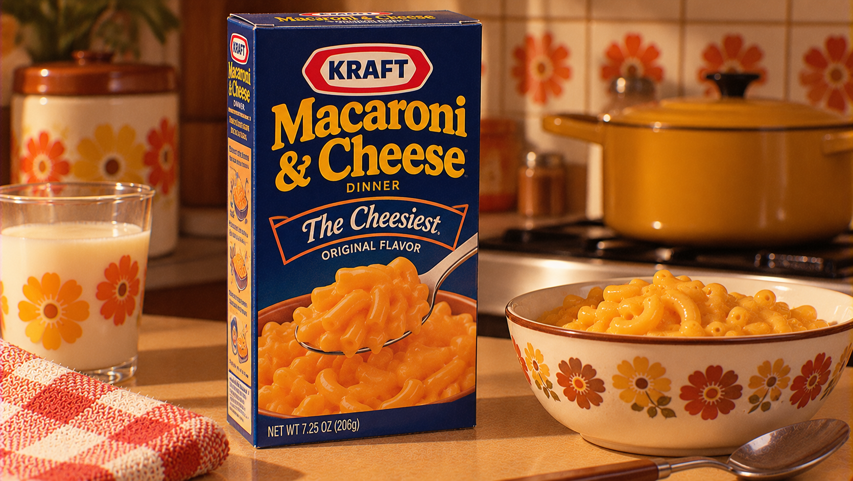 A box of Kraft Macaroni & Cheese sits on a kitchen counter next to a bowl of mac and cheese, a glass of milk, and a red checkered towel. A yellow pot is on the stove in the background.