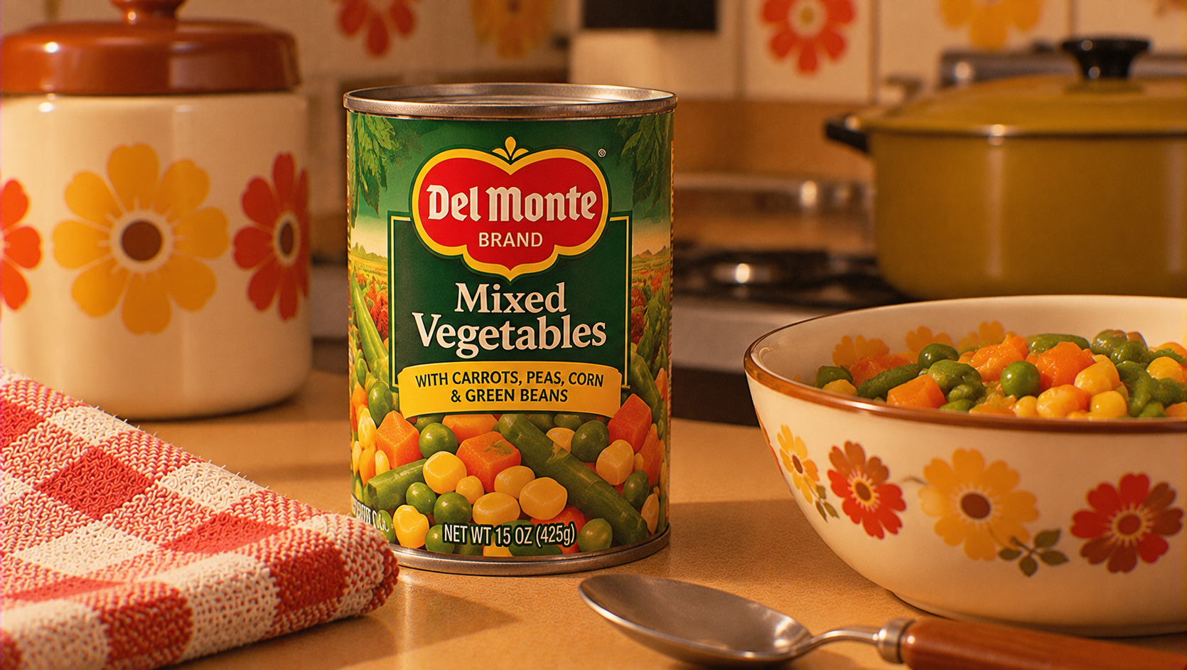 A can of Del Monte Mixed Vegetables sits on a kitchen counter next to a bowl filled with the vegetables, a spoon, a red checkered towel, and vintage floral kitchenware in a warm, retro-style setting.