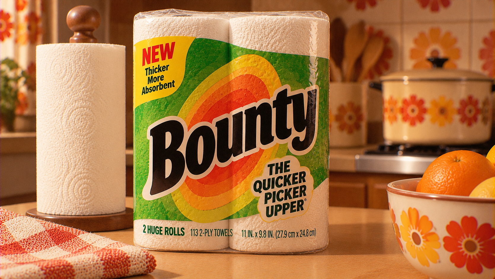 A package of Bounty paper towels sits on a kitchen counter with a fruit bowl, a stove, and another paper towel roll in the background. The package advertises two huge rolls and a new, thicker, more absorbent design.