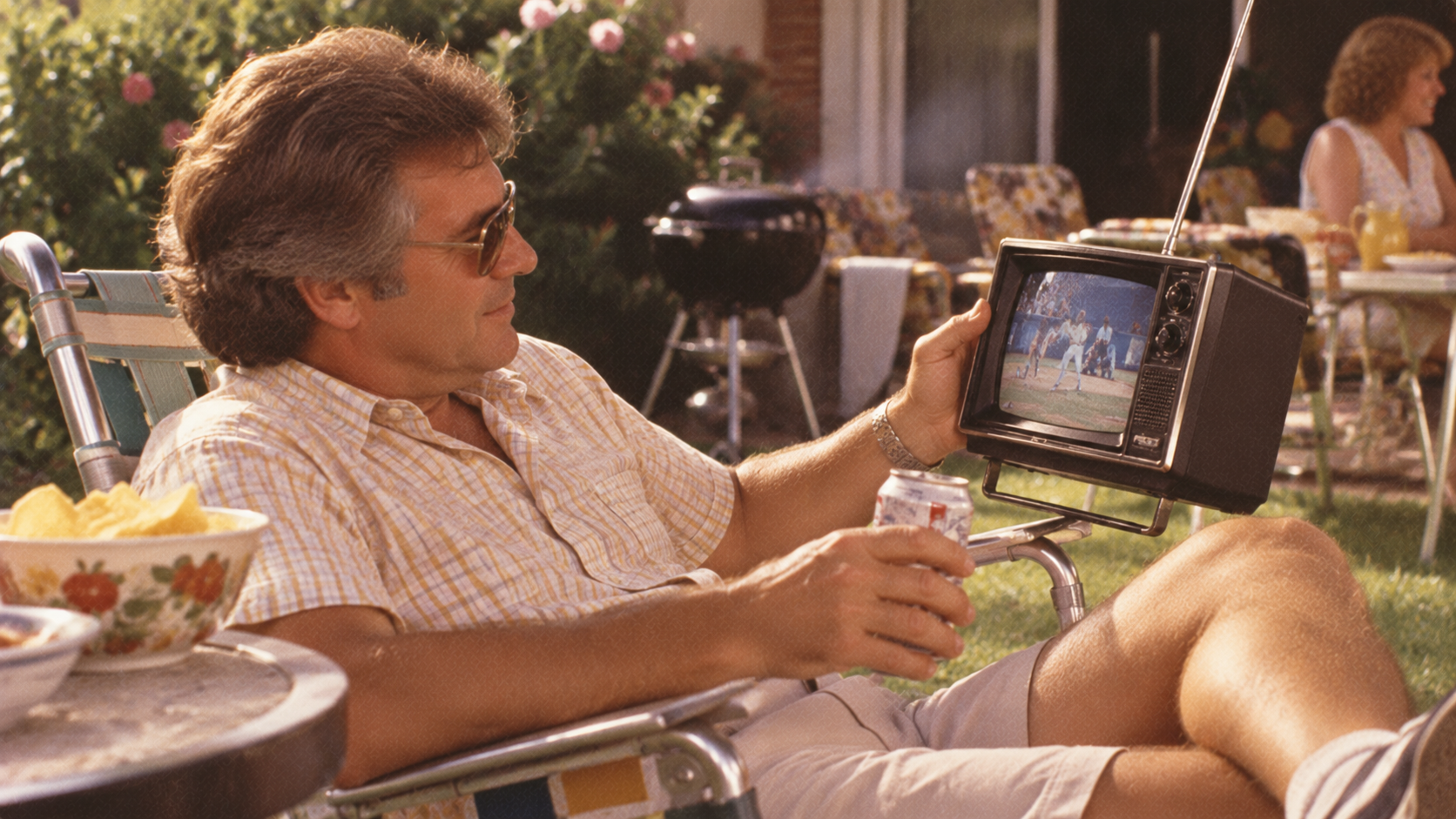 A man relaxes outside in a lawn chair, holding a drink and watching a baseball game on a small portable TV. There are snacks nearby and a grill in the background, with another person seated further back.