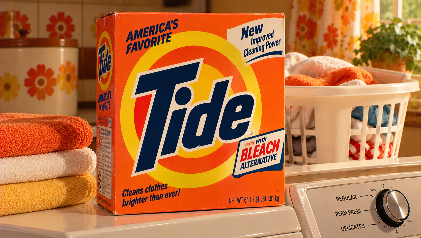 A box of Tide laundry detergent sits on a washing machine next to folded towels and a laundry basket in a retro-style laundry room with floral wallpaper.