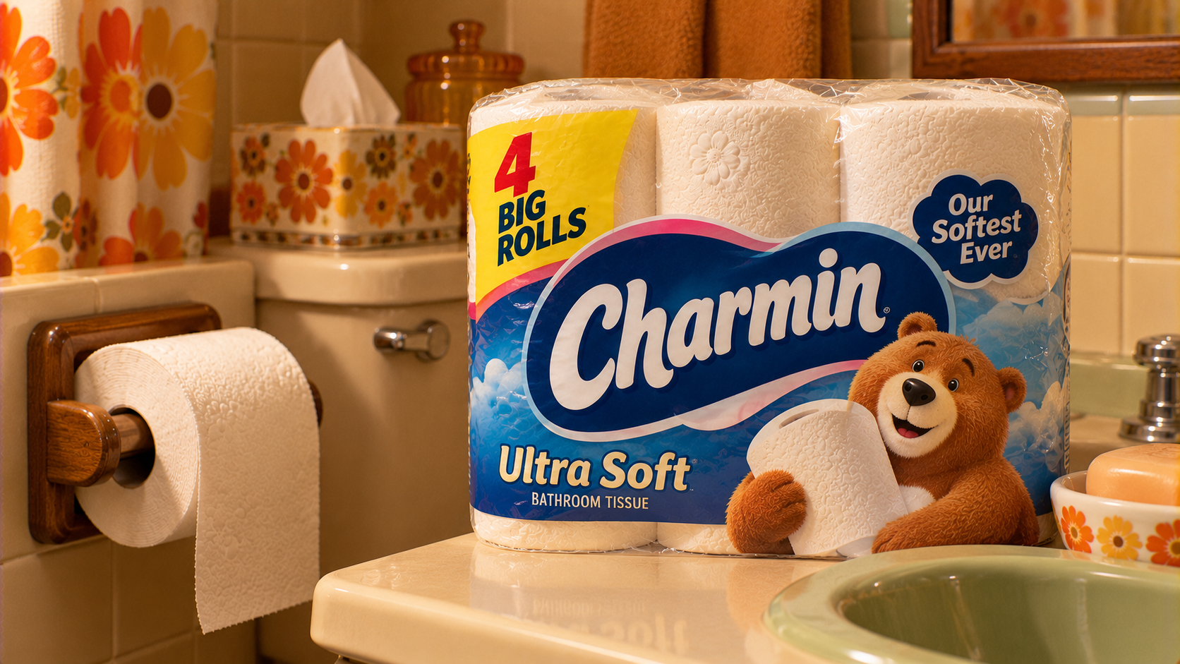 A pack of Charmin Ultra Soft toilet paper sits on a retro-style bathroom sink next to a green soap dish, toilet, and a roll on the holder. The packaging features a cartoon bear holding a toilet paper sheet.
