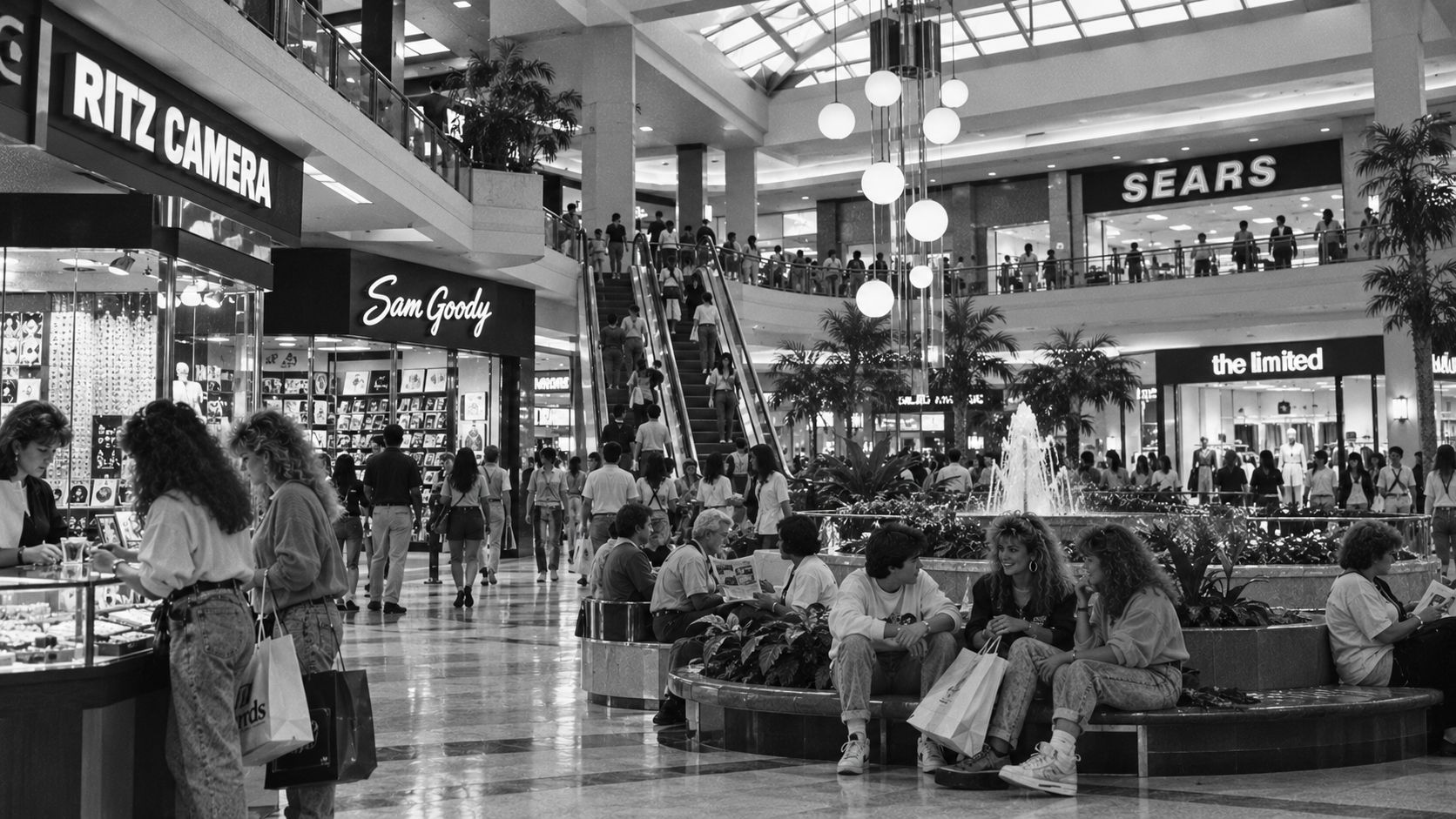 Black and white photo of a busy shopping mall with people sitting near a fountain, stores like Ritz Camera, Sam Goody, Sears, and The Limited visible, and escalators connecting two floors.