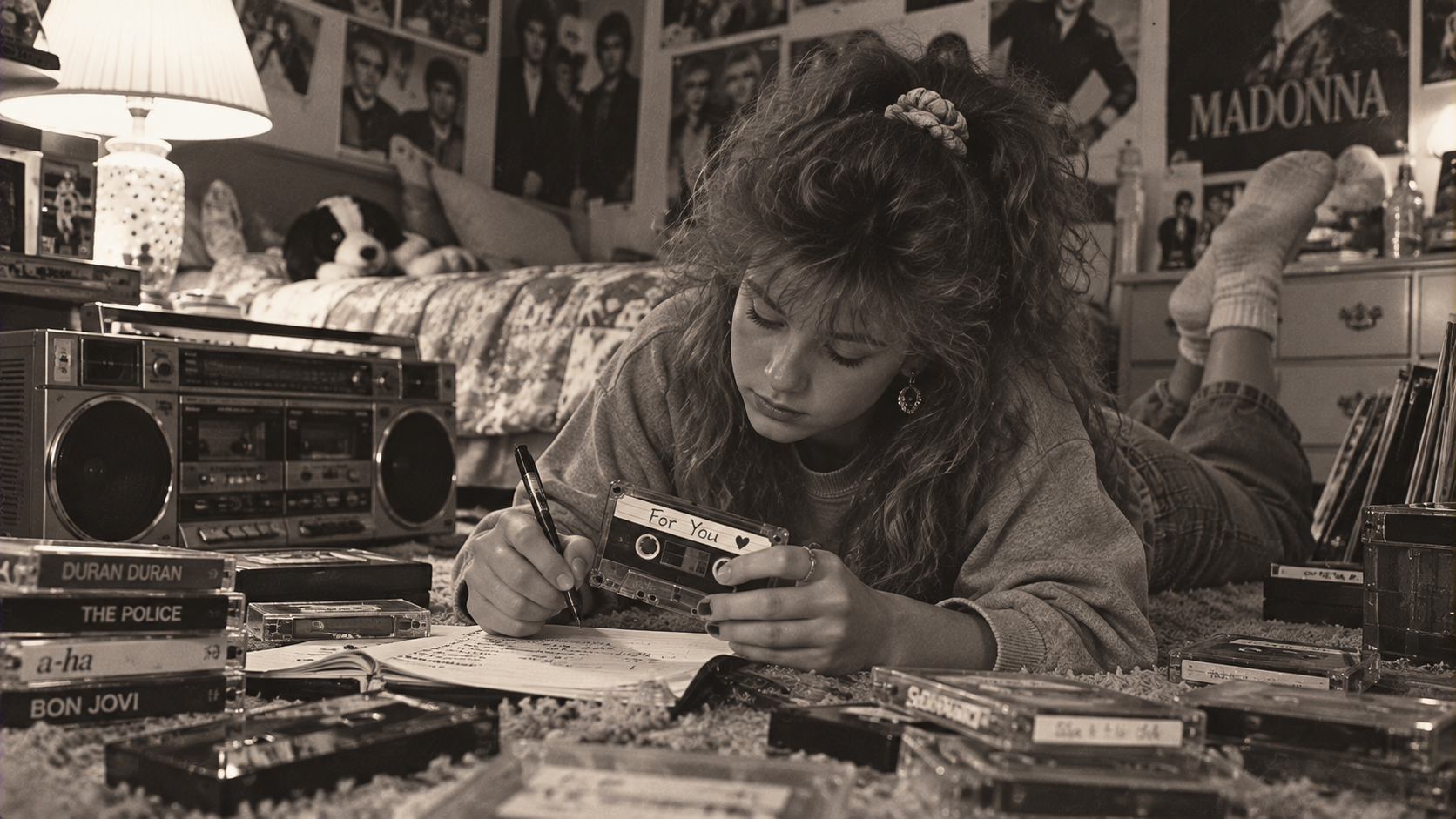 Teen girl with big hair lies on her bedroom floor, surrounded by cassette tapes and a boombox, writing in a notebook. Walls are decorated with music posters. The scene has a vintage, 1980s vibe.