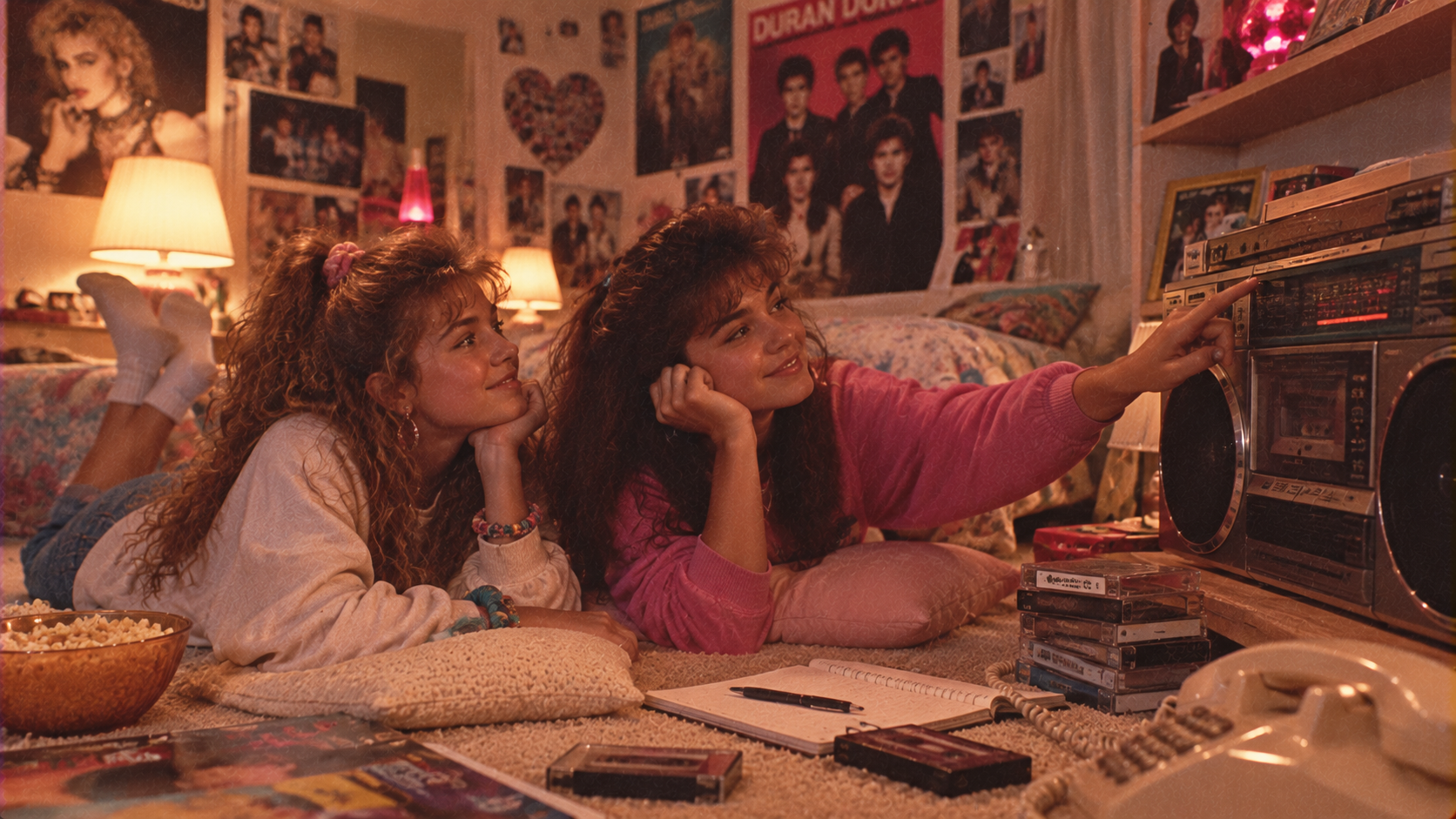 Two girls with big 80s hairstyles listen to a boombox in a bedroom filled with posters and cassette tapes. They lie on the floor with notebooks, popcorn, and a rotary phone nearby, enjoying music together.