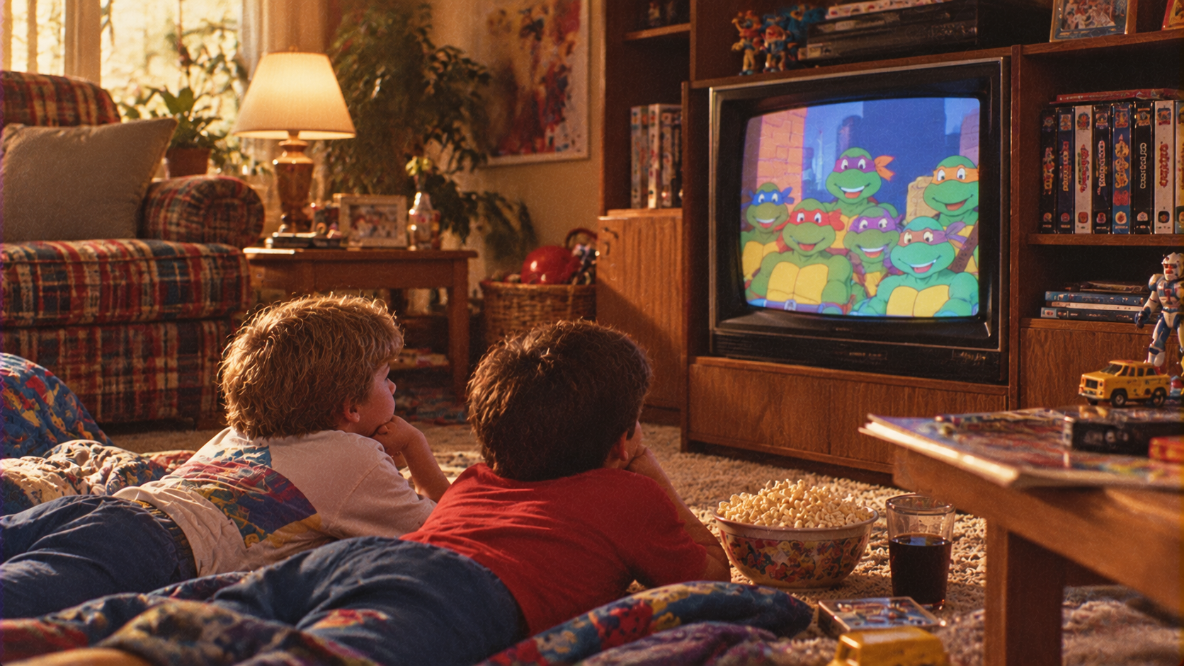 Two children lie on the floor in a cozy living room, watching Teenage Mutant Ninja Turtles on an old TV. A bowl of popcorn, a drink, and toys are nearby. The room is warmly lit and filled with patterned furniture and VHS tapes.