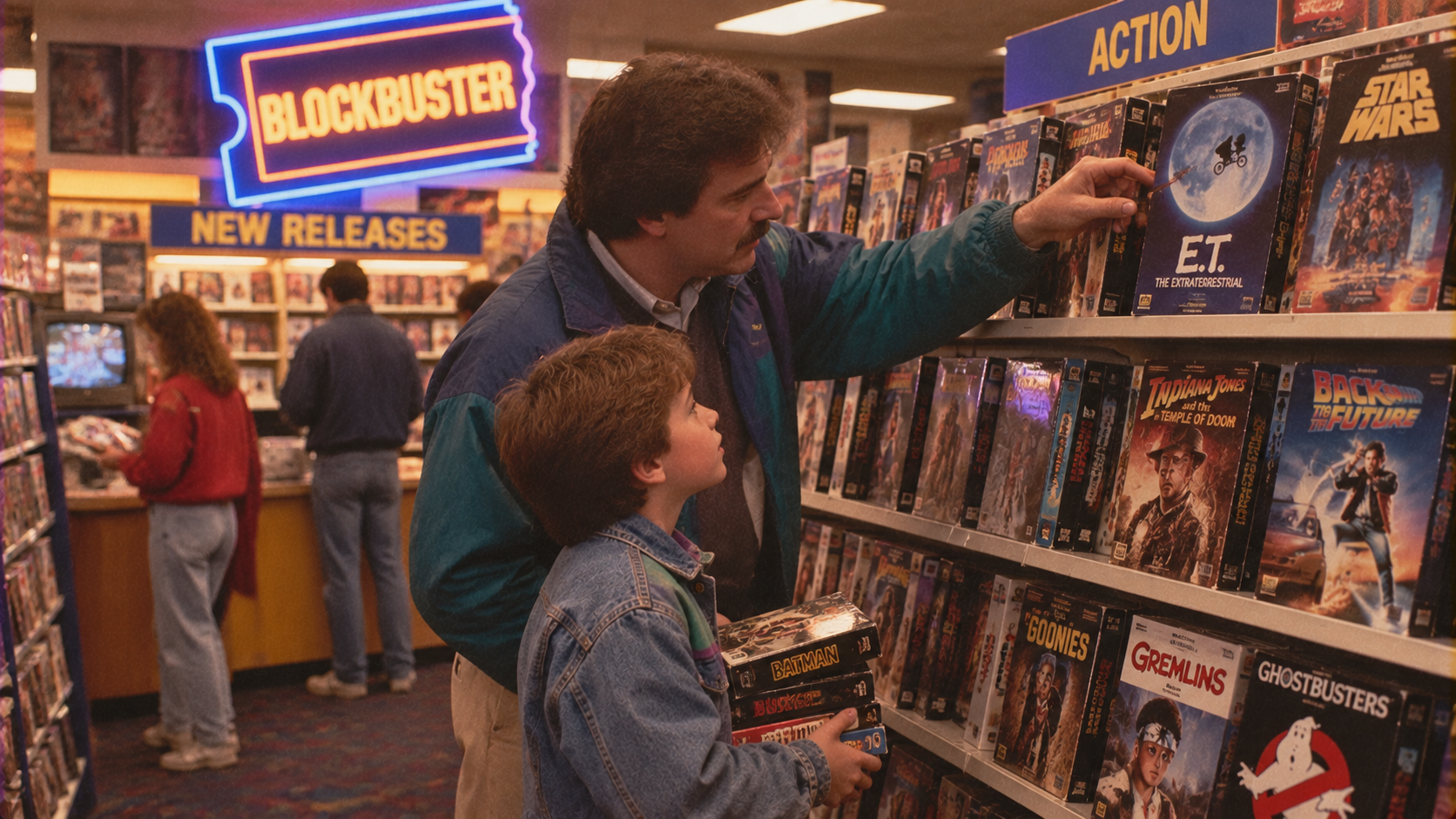A man and child browse VHS tapes at a Blockbuster store. The man points to “E.T.” while the child holds tapes. Bright neon signs and shelves of movies fill the background.