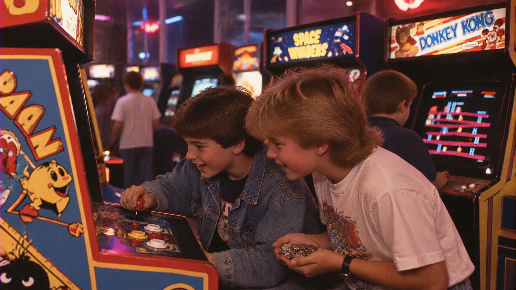 Two boys play a Pac-Man arcade game while holding coins at an arcade. Other arcade cabinets like Space Invaders and Donkey Kong are in the background. The scene is brightly lit with colorful lights.