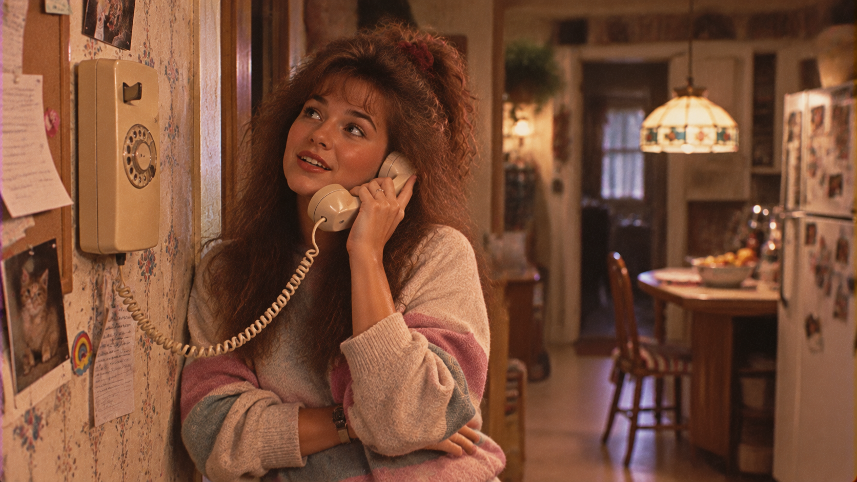 A woman with big hair and a cozy sweater smiles while talking on a rotary phone in a warmly lit, vintage kitchen filled with notes, photos, and magnets.