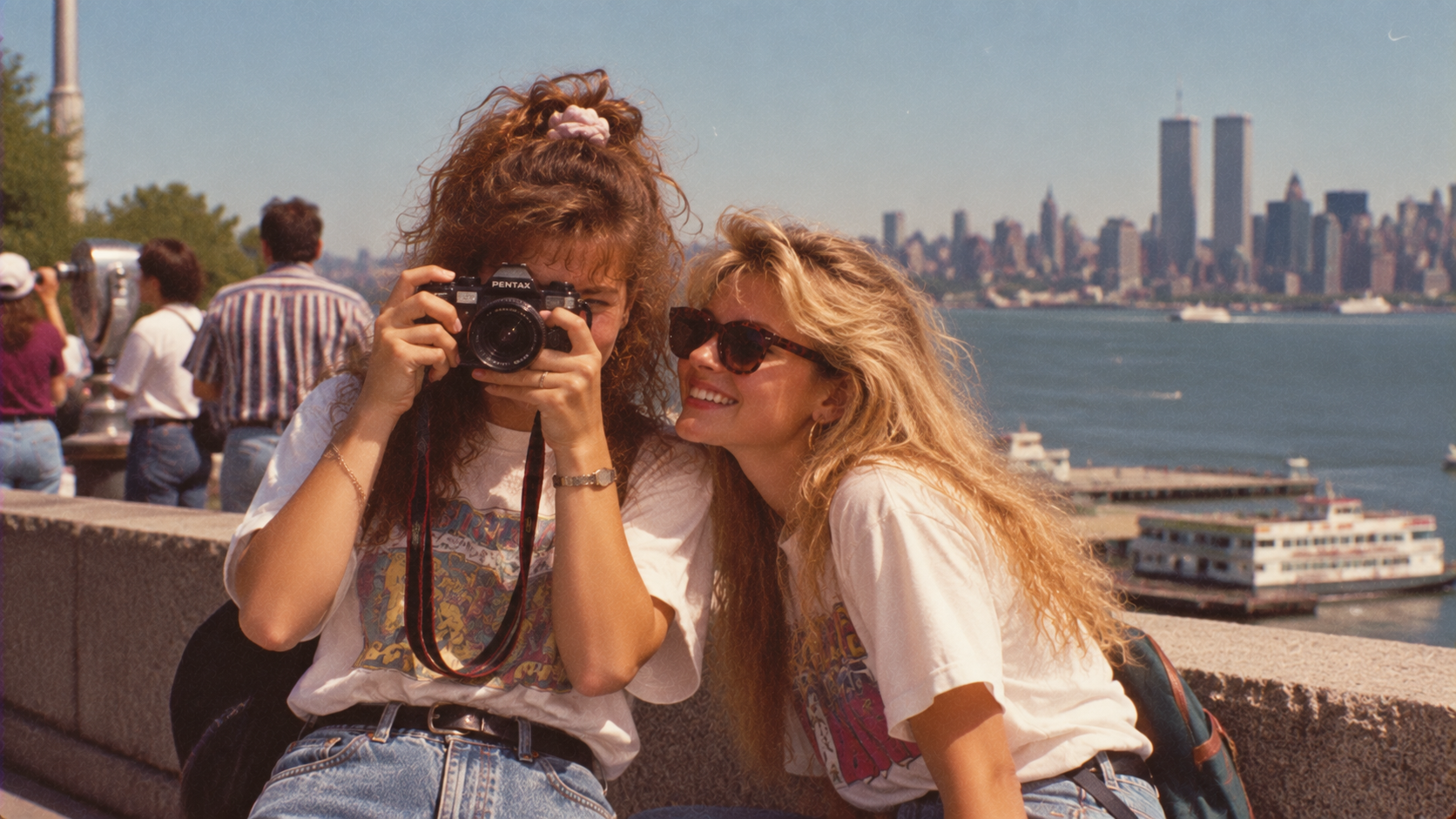 Two young women with long hair smile by the waterfront; one holds a camera up, the other leans close. The New York City skyline and Twin Towers are visible in the background on a sunny day.