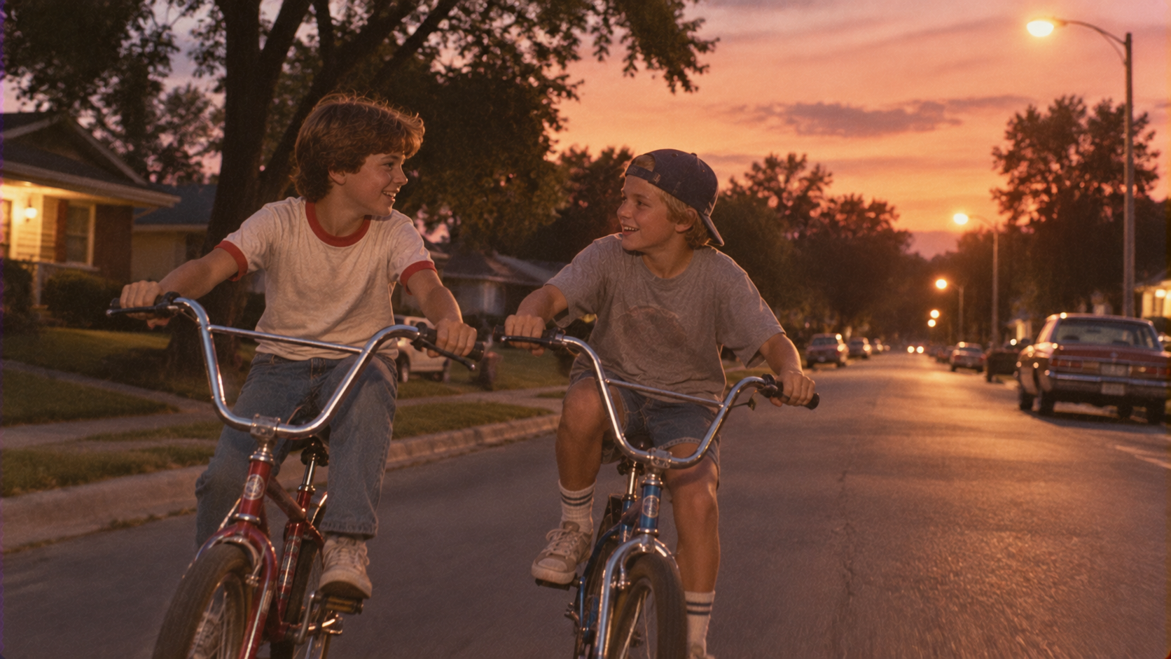 Two boys ride bikes and smile at each other on a suburban street at sunset, with houses, trees, and streetlights lining the road in the background.