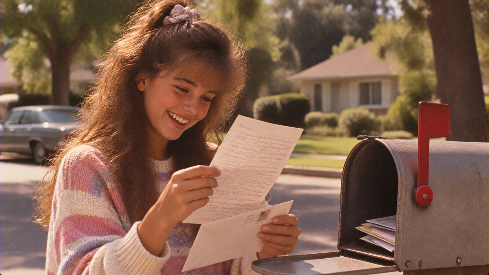 A young woman smiles as she reads a handwritten letter beside an open mailbox on a suburban street, with houses and trees visible in the background.