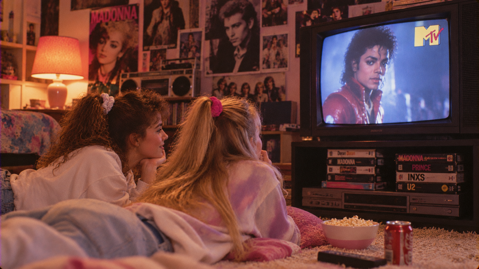 Two girls in a bedroom decorated with 80s music posters watch a Michael Jackson video on MTV. Cassettes, popcorn, and a soda sit nearby, creating a nostalgic 1980s sleepover scene.