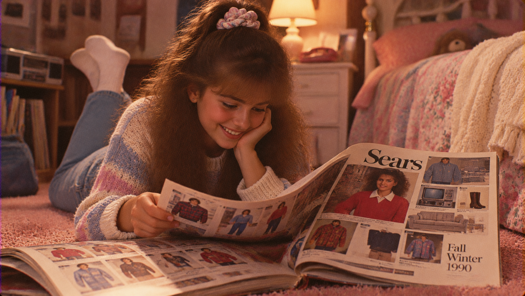 A girl with big hair and a scrunchie lies on her bedroom floor, smiling while looking at a Sears Fall Winter 1990 catalog. The room has pink carpet, soft lighting, and vintage decor.