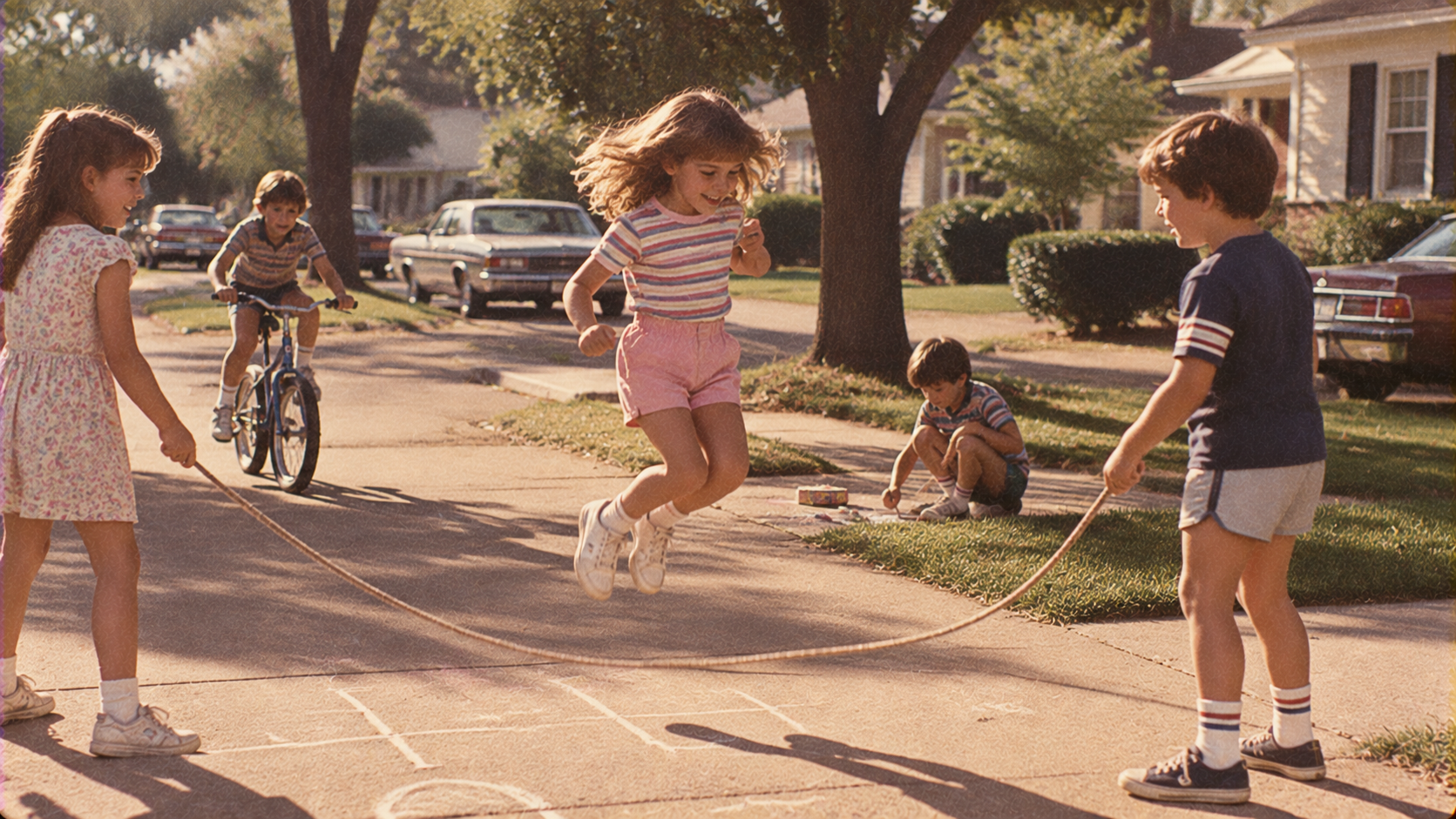 Four children play jump rope and hopscotch on a sunny suburban sidewalk, while another child rides a bike and one draws with chalk in the background. Trees and parked cars line the street.