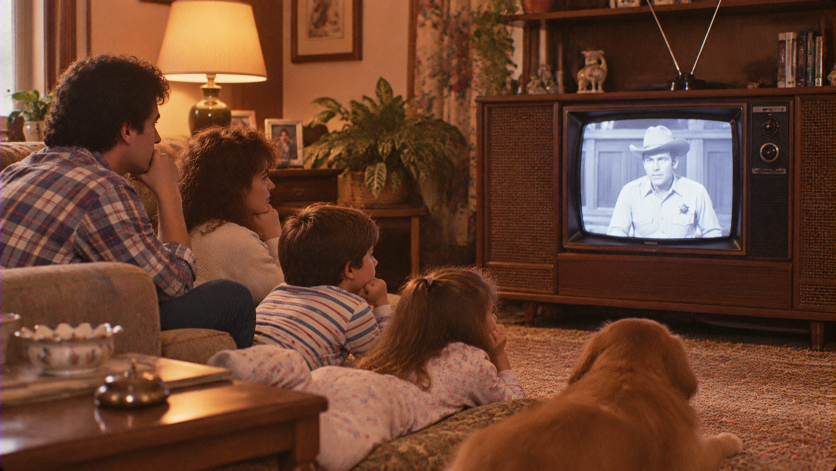A family and their dog sit in a cozy living room, watching a black-and-white TV show together. The room is warmly lit with a lamp, and plants and books decorate the space.
