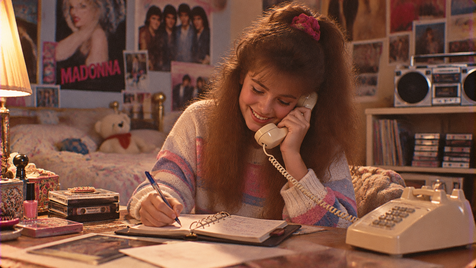A teenage girl with a high ponytail sits at a desk, smiling while talking on a corded telephone and writing in a notebook in a 1980s-style bedroom.