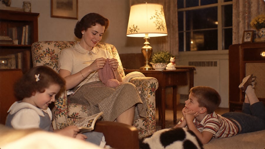 A woman knits in an armchair while a young girl reads and a boy lies on the floor, gazing at her. A cat lies nearby. The scene is cozy, set in a warmly lit living room.