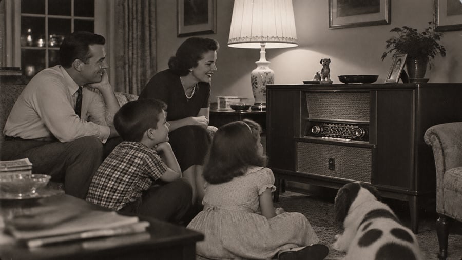 A family of four and a dog sit in a living room, gathered around a radio with warm lighting from a lamp. The parents sit on a couch, while two children sit on the floor, all intently listening.