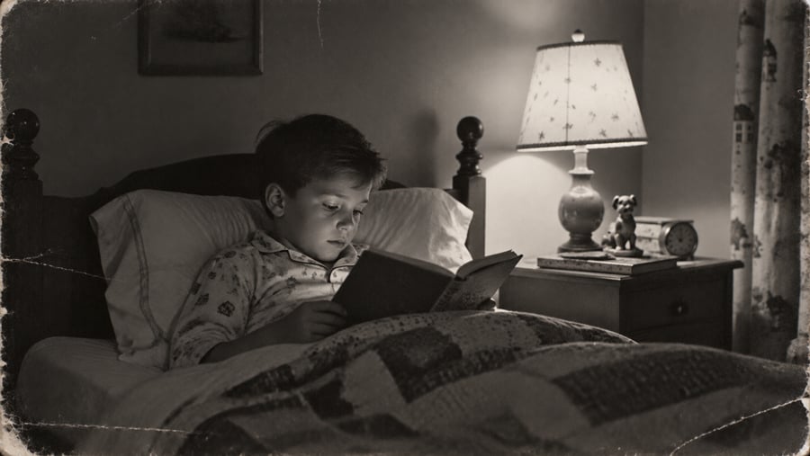 A young boy in pajamas reads a book in bed at night. A lamp on the bedside table softly illuminates the cozy, vintage room.