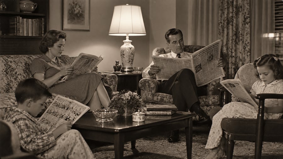 A family of four sits in a living room, each reading a newspaper. The scene is in black and white, with vintage furniture, a lamp, and bookshelves in the background, evoking a 1950s setting.