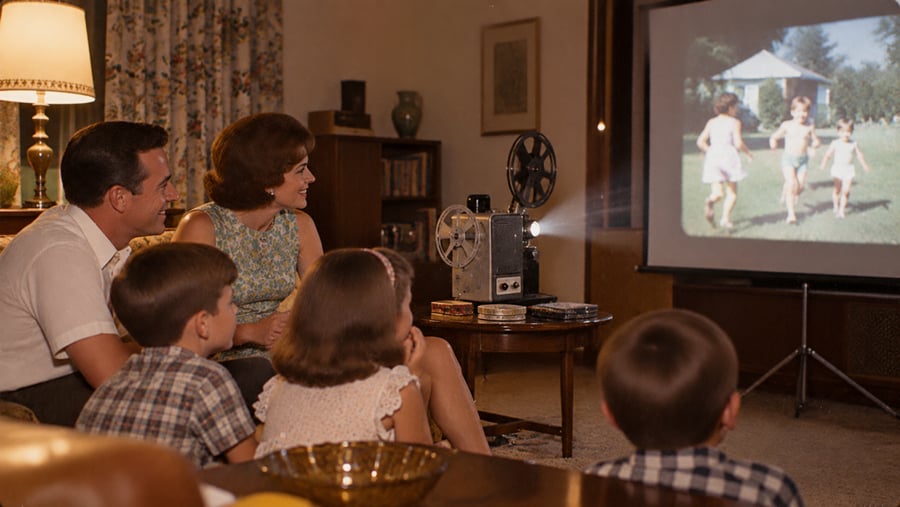 A family sits together in a living room watching a home movie projected onto a screen, showing two kids running outside on a sunny day.