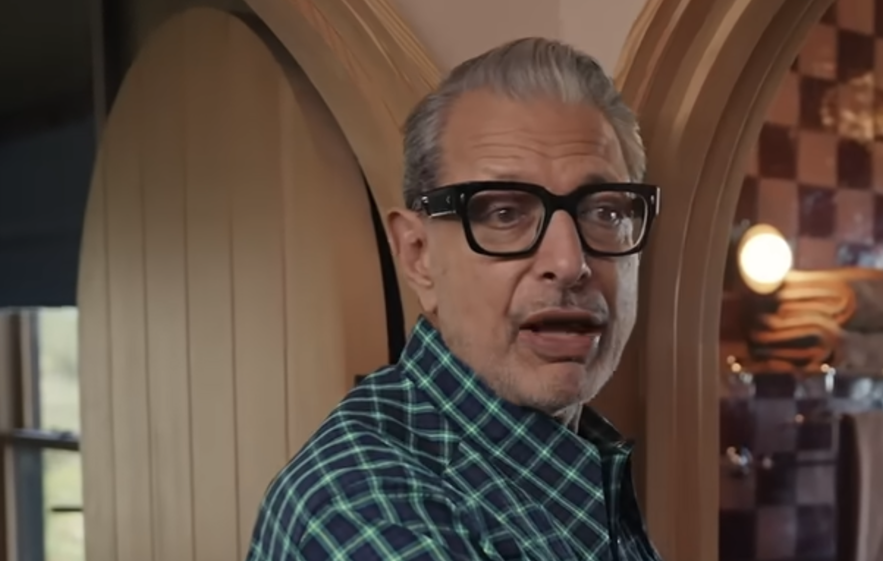 Jeff Goldblum wearing black-rimmed glasses and a green and blue plaid shirt.