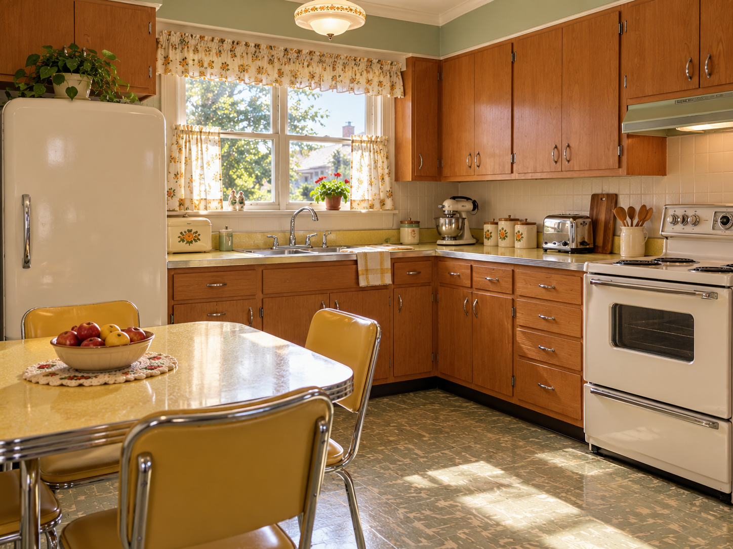 A retro-style kitchen featuring wood cabinets, a white refrigerator, a white stove, and a yellow dining table with a bowl of apples.