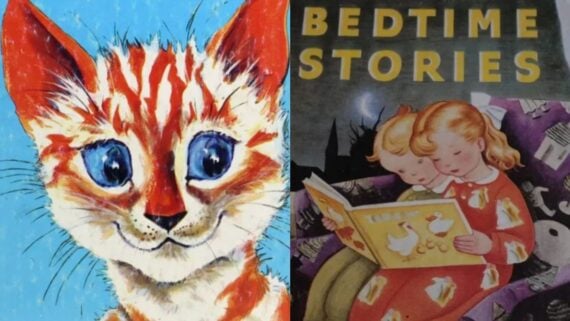 An orange tabby kitten illustration next to a Bedtime Stories book cover featuring two children reading a book.