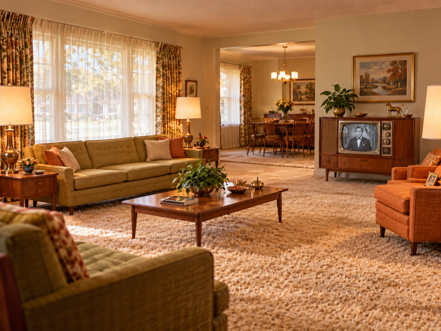 A mid-century living room with shag carpet, an olive green sofa, an orange armchair, and a wood-console television playing a black-and-white film, with a dining room visible in the background.