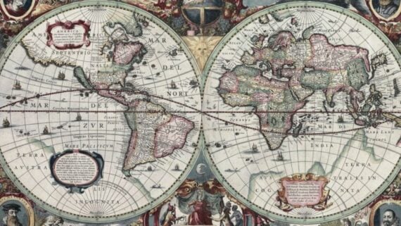 A 17th-century double-hemisphere world map featuring decorative illustrations and Latin cartographic labels.