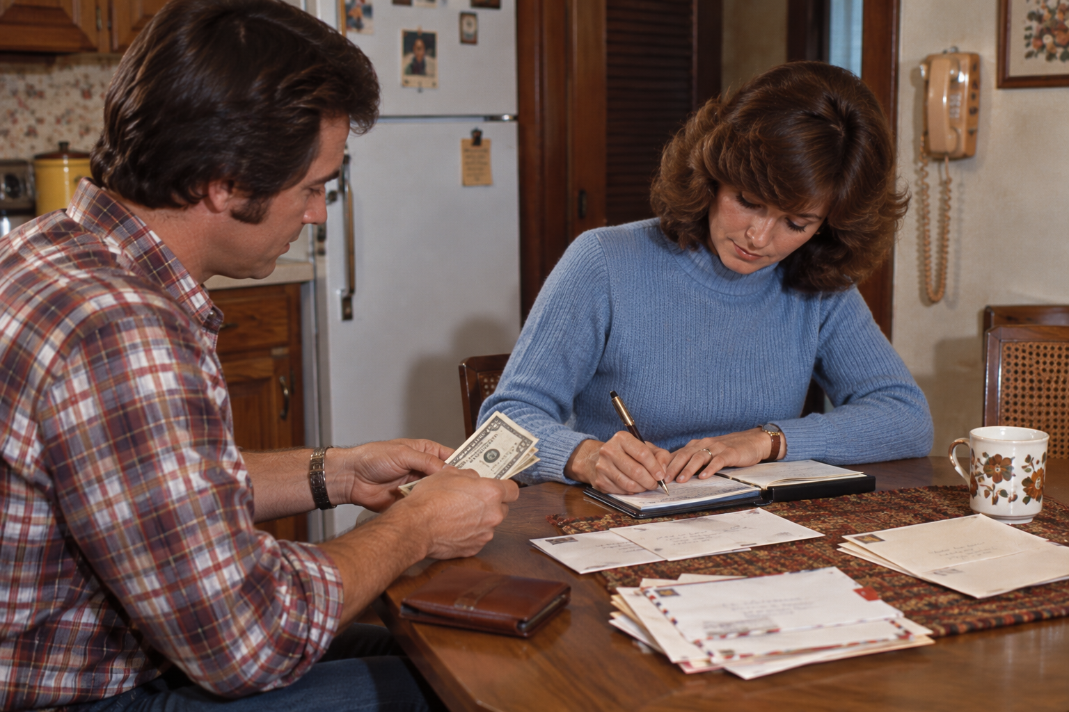A man counts cash while a woman writes in a ledger at a kitchen table with envelopes nearby.